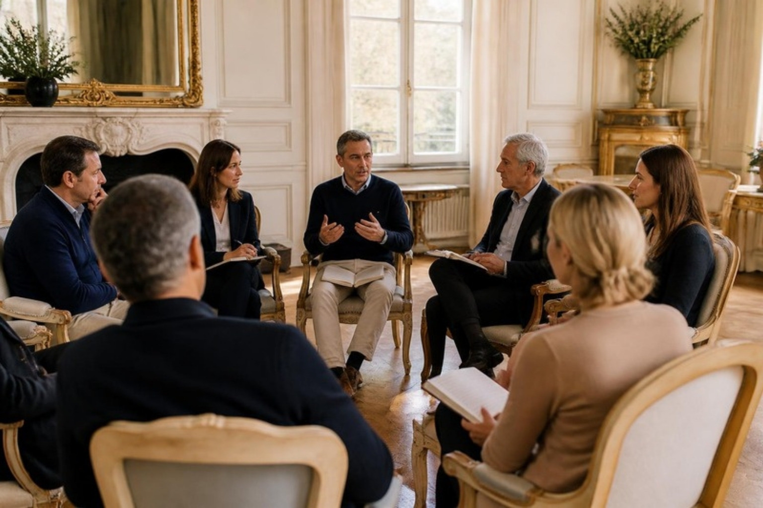 Des dirigeants en cercle dans un salon lumineux, l'un parle, les autres écoutent